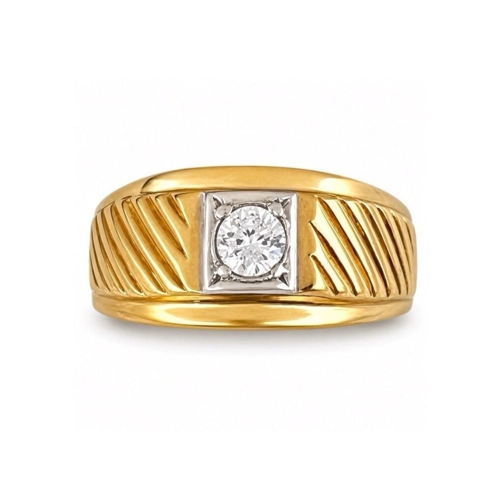 Vintage 1970s Solitaire Ring Size 6 CZ Textured 18KT Gold Plated Band - 14O